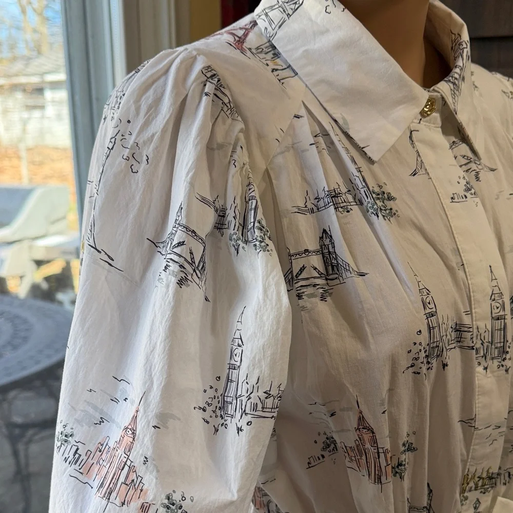 En Saison Travel Print Dress with Puff Sleeves, Tie Waist, Medium - Picture 3 of 13